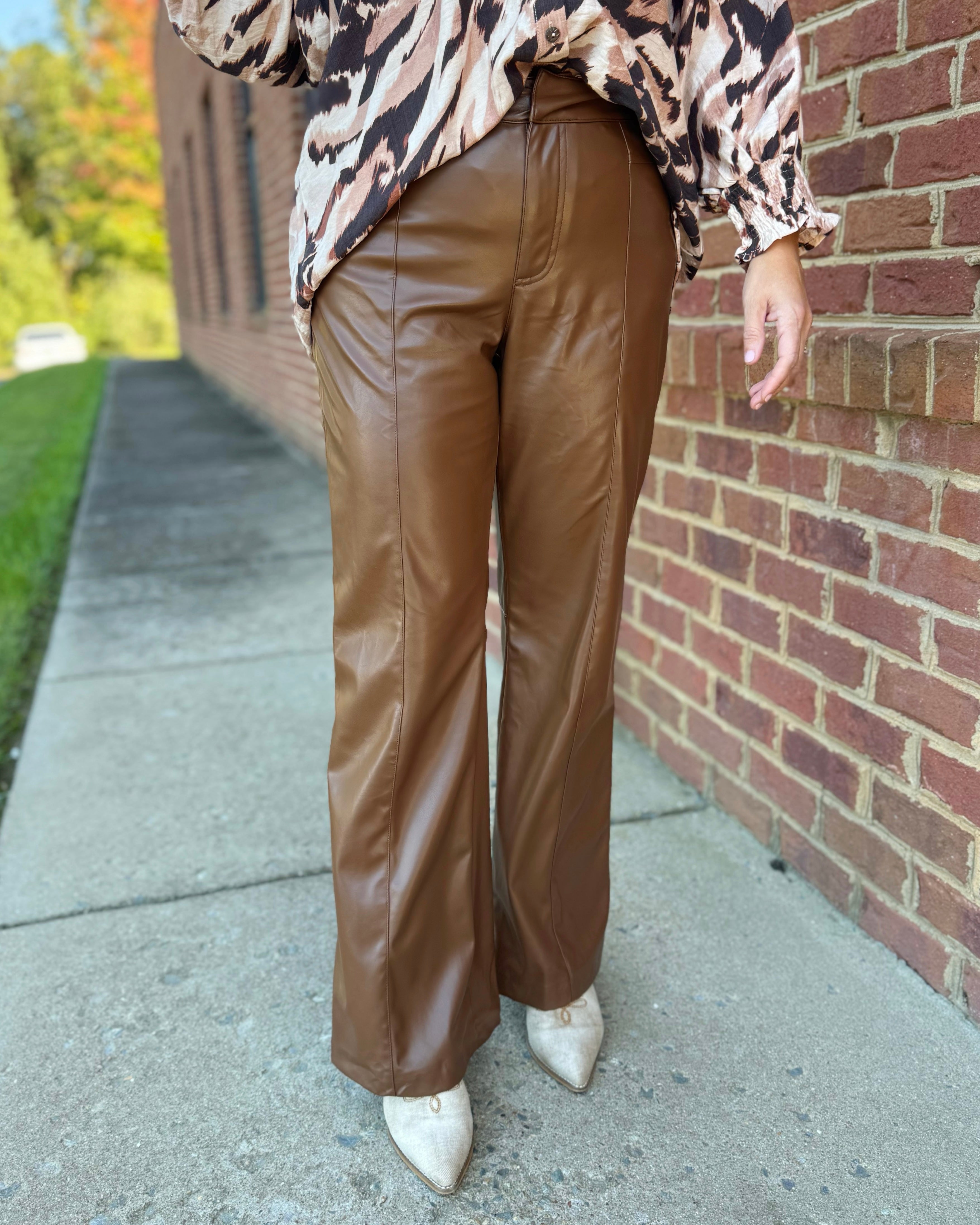 Naomi Faux Leather Flare Pants in Brown FINAL SALE – Madi Savvy