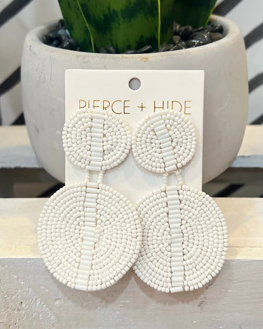 White Custom Beaded Drop Disc Earrings