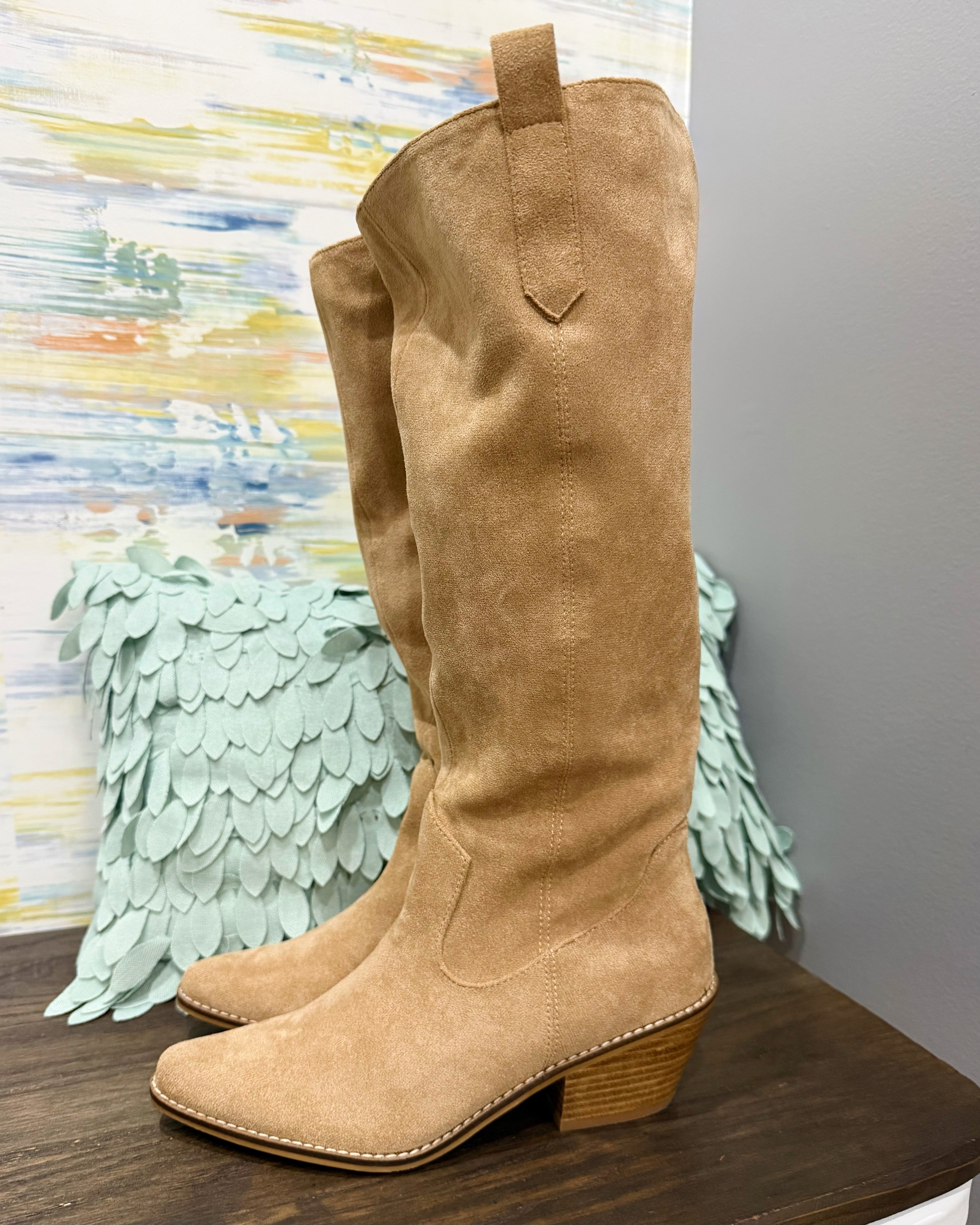 Corkys Sand Faux Suede City Slicker Boots in faux camel suede.