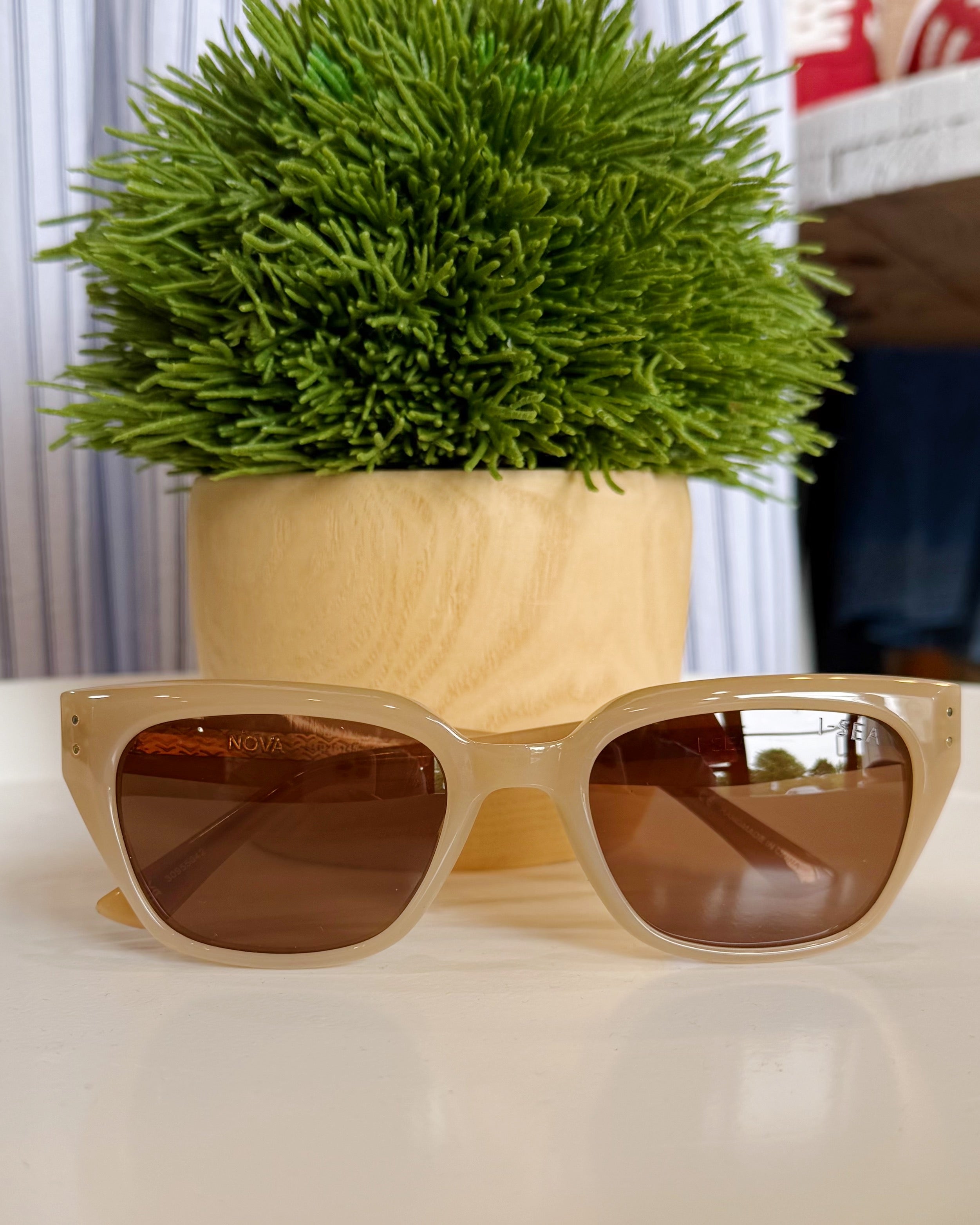 Beige sunglasses with brown lenses on a white surface, with a potted plant in the background.