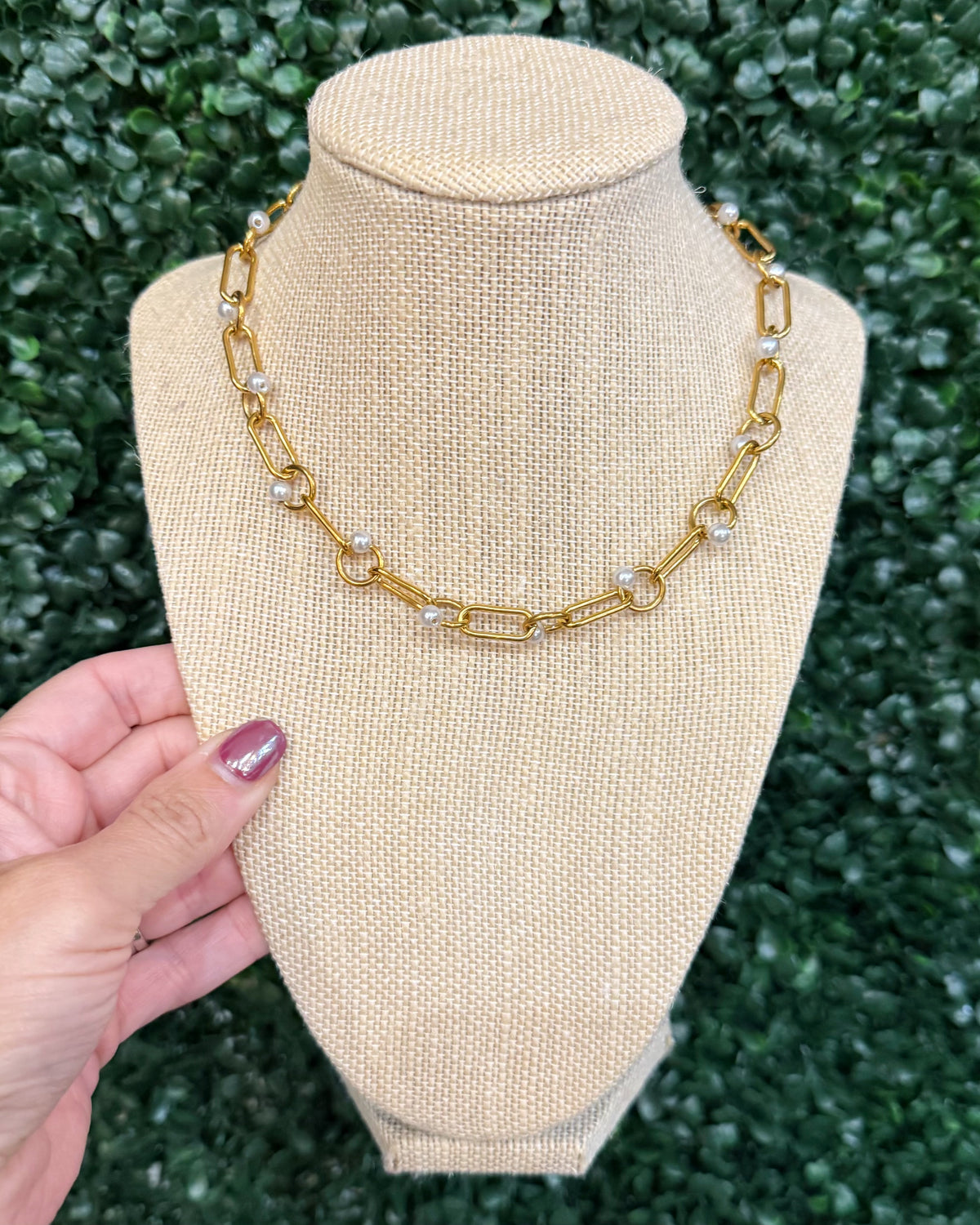 Chansuttpearls Jennifer gold chain necklace with small clear crystal accents, displayed on a beige fabric jewelry bust. A hand with purple nail polish is visible on the left side, holding the bust against a green leaf hedge background.