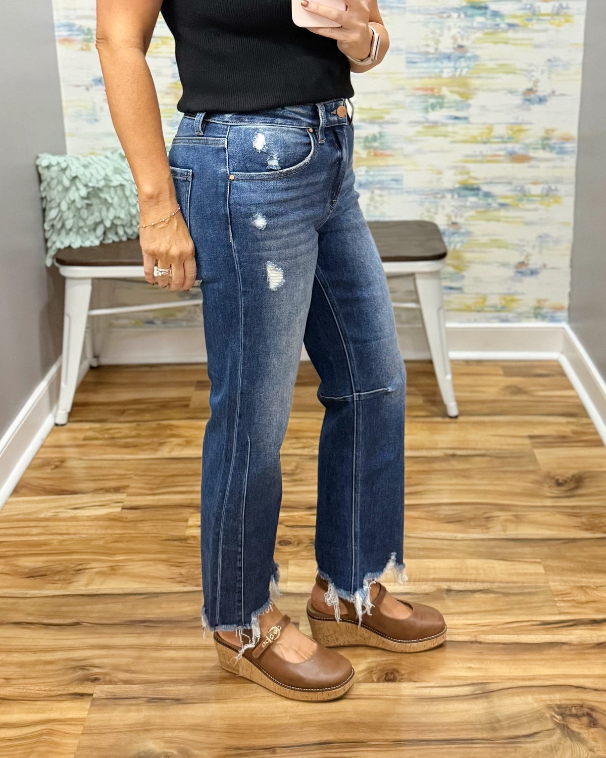 Risen crop straight jeans in dark wash.
