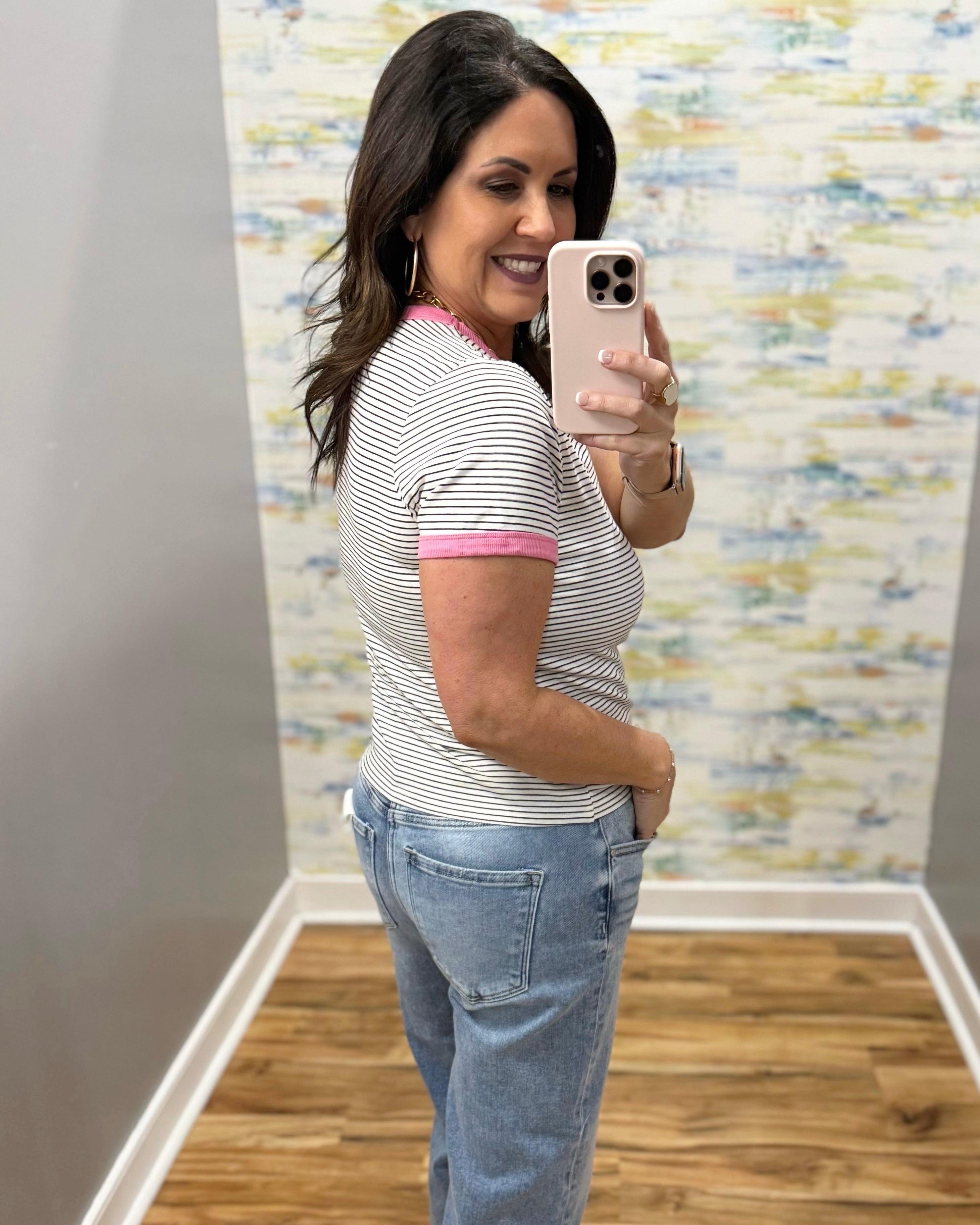 woman wearing stripe black and white tee