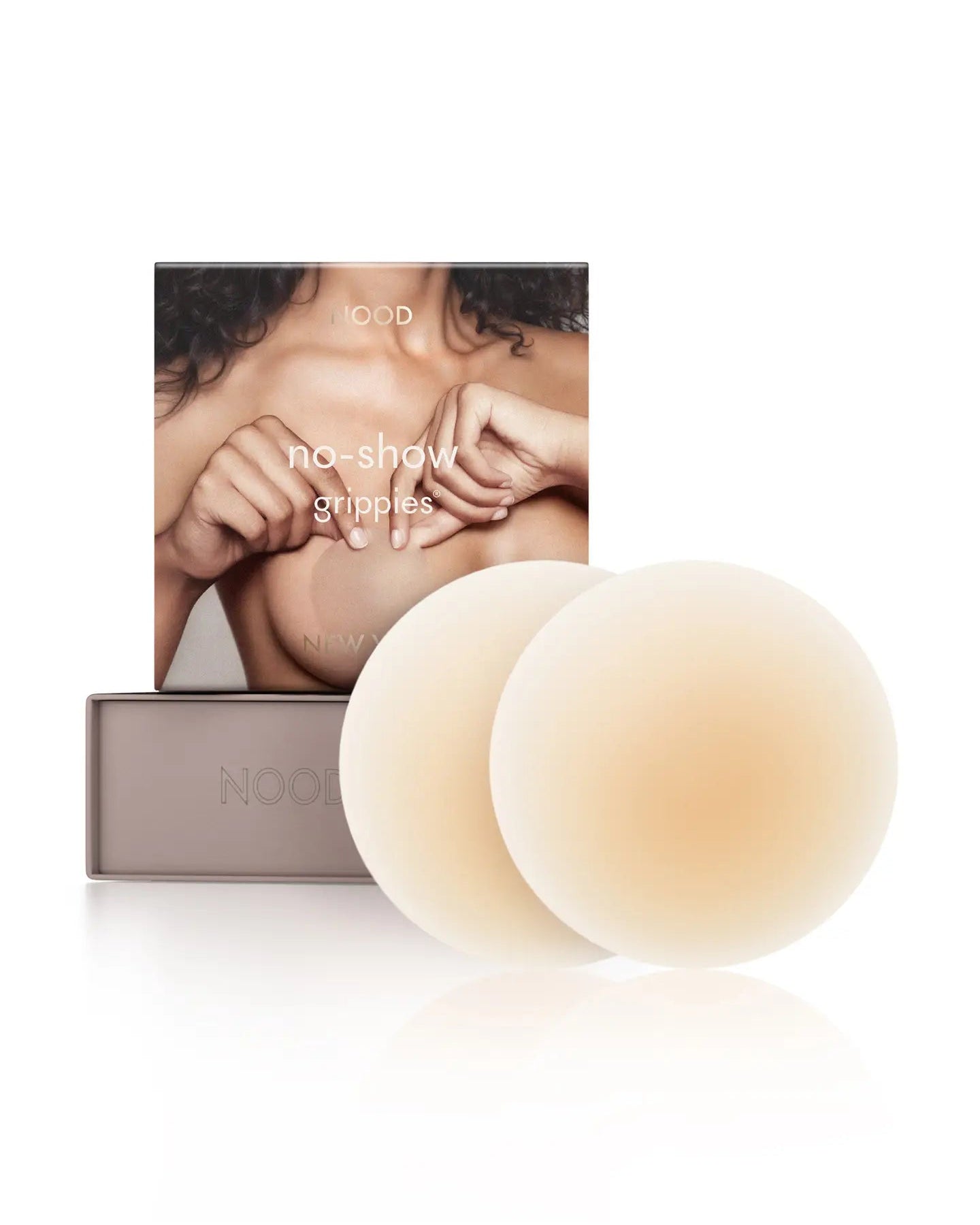 NOOD no-show gippers packaging with two white silicone cups on a white background