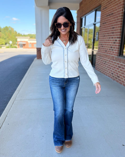 Vera Button Up Knit Top in Ecru/Grey FINAL SALE