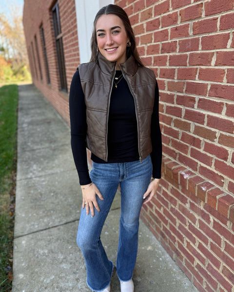 Danielle Faux Leather Puffer Vest in Brown