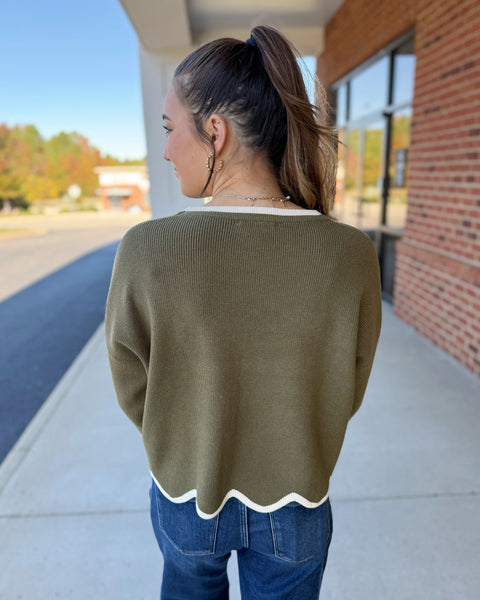 Bianca Scallop Hem Sweater in Olive/Cream