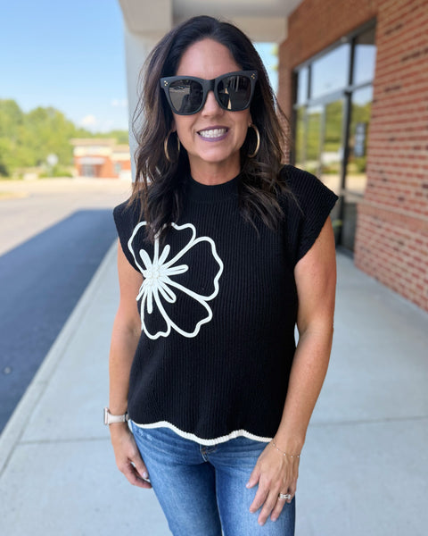 Saylor Floral Scallop Hem Sweater in Black FINAL SALE