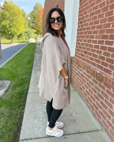 Iris Hooded Sweater Poncho in Taupe