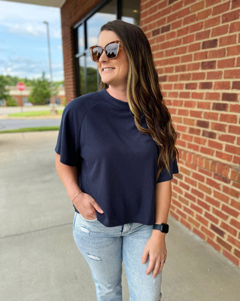 Sarah Waffle Knit Top in Navy