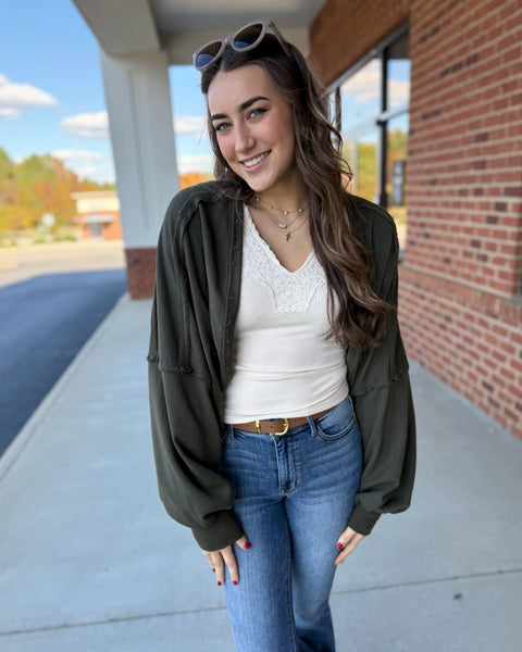 Audrey Cropped Open Cardigan in Green