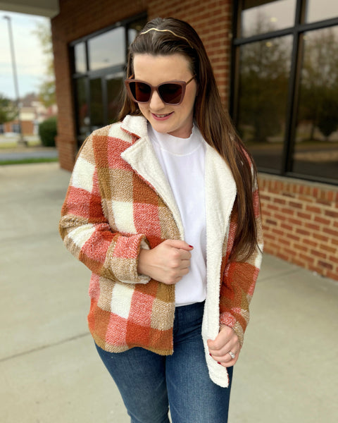 Fallon Faux Fur Plaid Jacket in Rust/Taupe