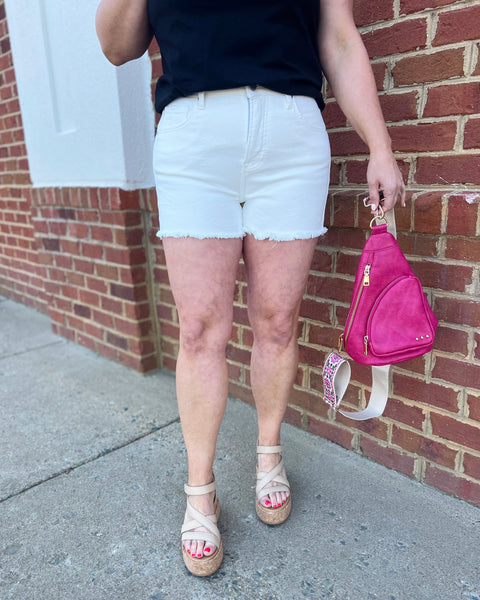 Risen High Rise Tummy Control Frayed Hem Shorts in White