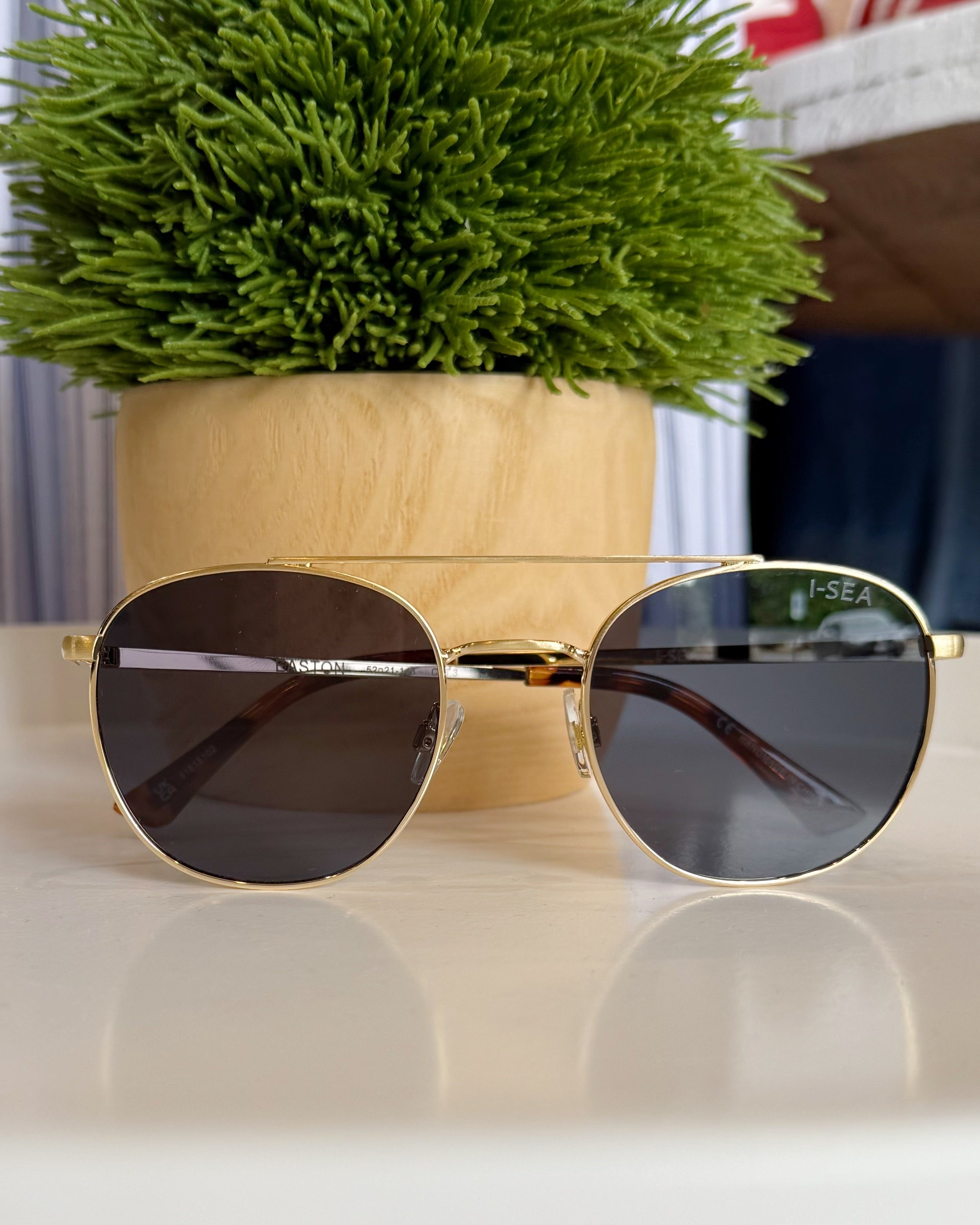 Gold-framed sunglasses with dark lenses on a reflective surface, with a potted plant in the background.