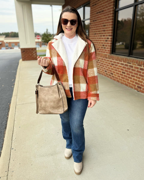 Fallon Faux Fur Plaid Jacket in Rust/Taupe