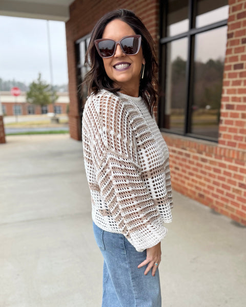 Harmony Crochet Sweater in Taupe/Multi