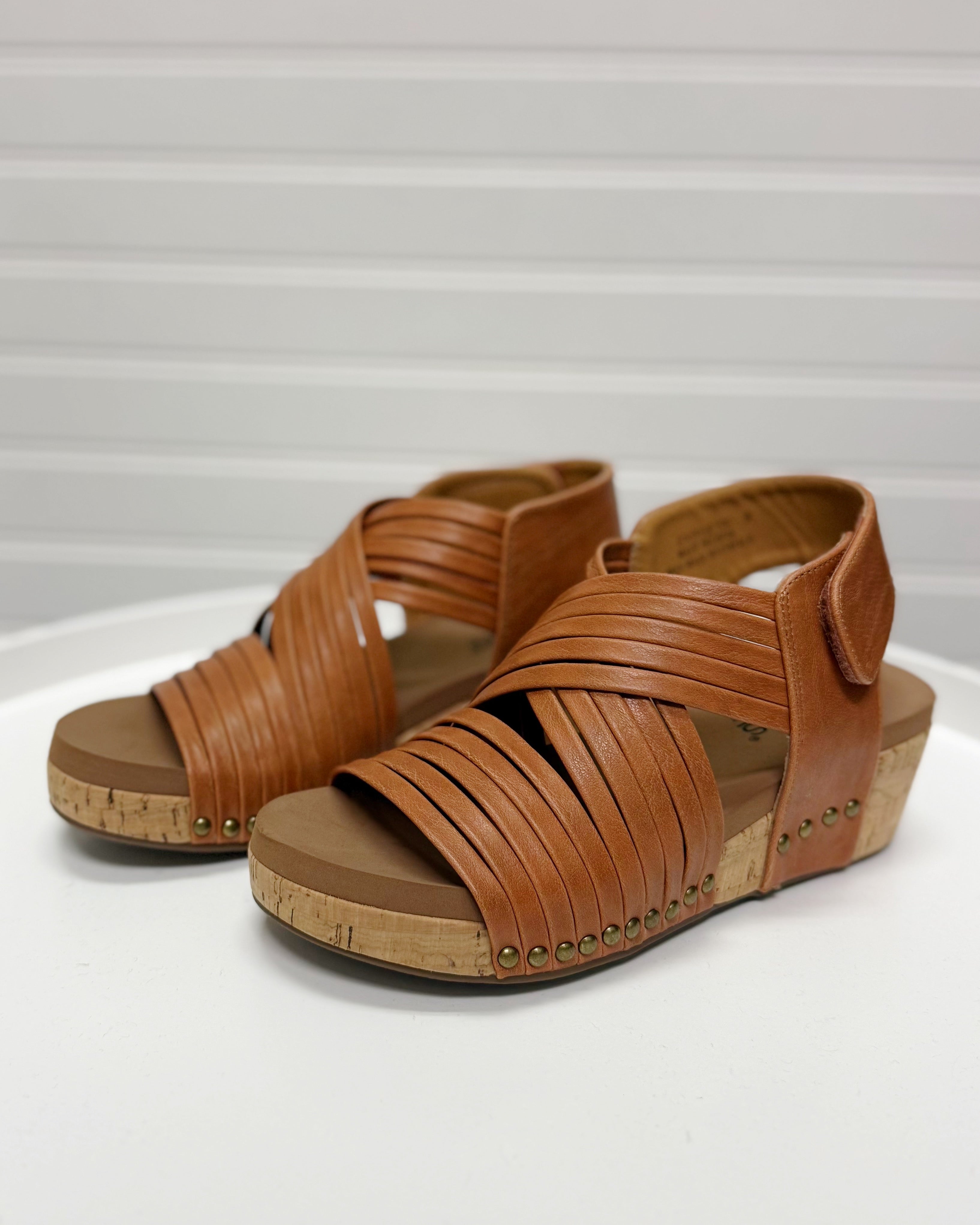 Brown sandals with wooden wedge sole on a white background