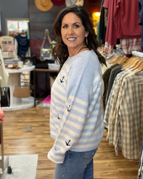 Hallie Anchor Sweater in Blue/Ecru