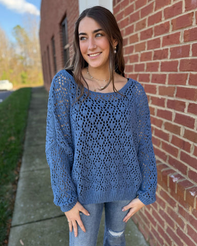 Addison Boat Neck Crochet Sweater in Denim