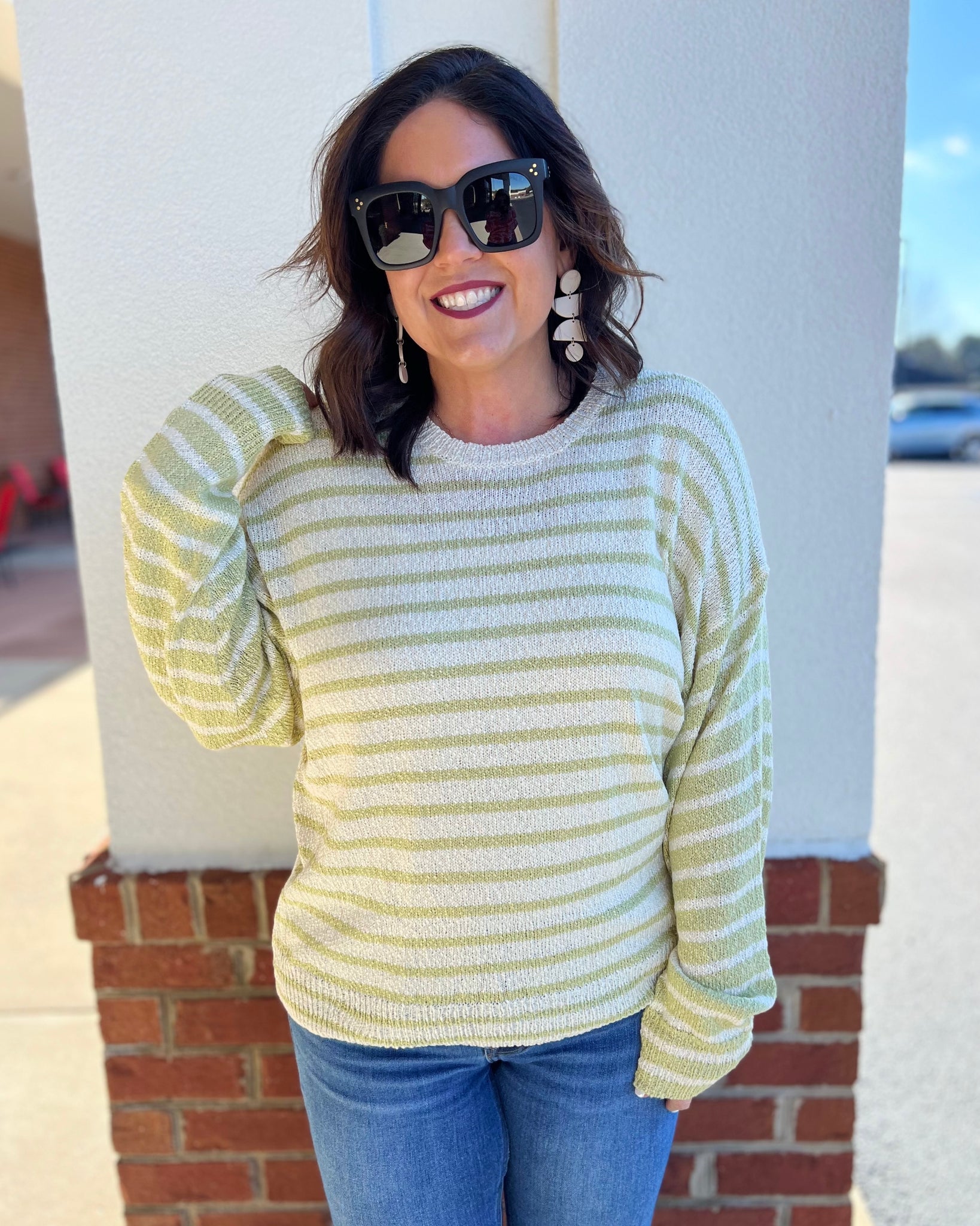 Reese Stripe Sweater in Cream/Lime