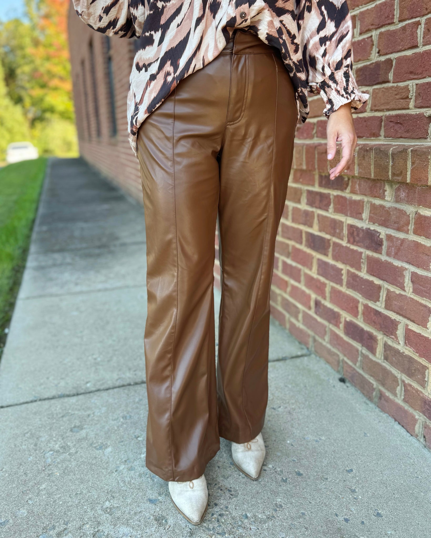 Naomi Faux Leather Flare Pants in Brown