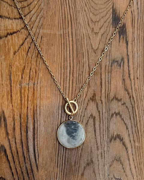 Gray Disc Pendant Front Toggle Chain Necklace