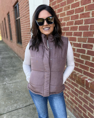 Drew Suede Puffer Vest in Cocoa