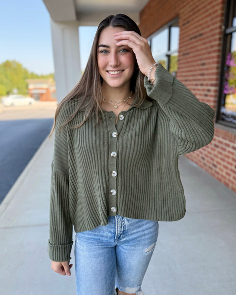 Trisha Collared Button Up Sweater Top in Olive FINAL SALE