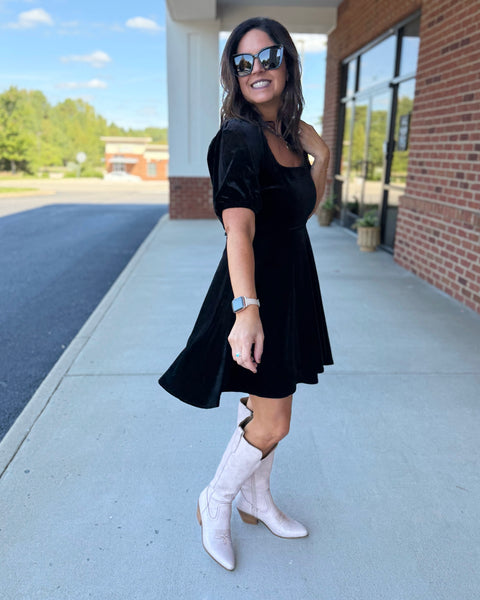 Kasen Satin Velvet Dress in Black