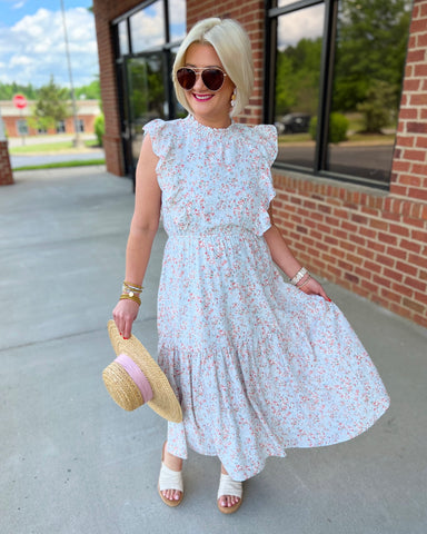 Kaylee Floral Midi Dress in Sky/Coral FINAL SALE