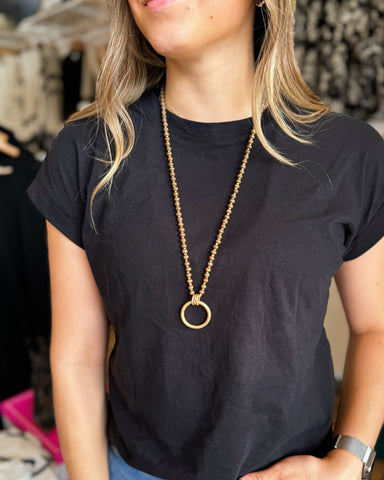 Brown Wood Beaded Necklace with Gold Ring