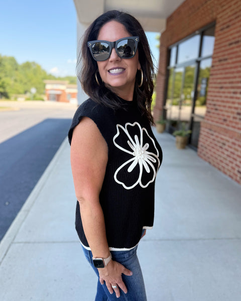 Saylor Floral Scallop Hem Sweater in Black FINAL SALE