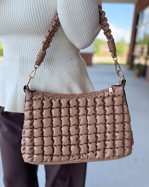 Jacqueline Puffer Shoulder Bag w/ Macrame Strap in Tan