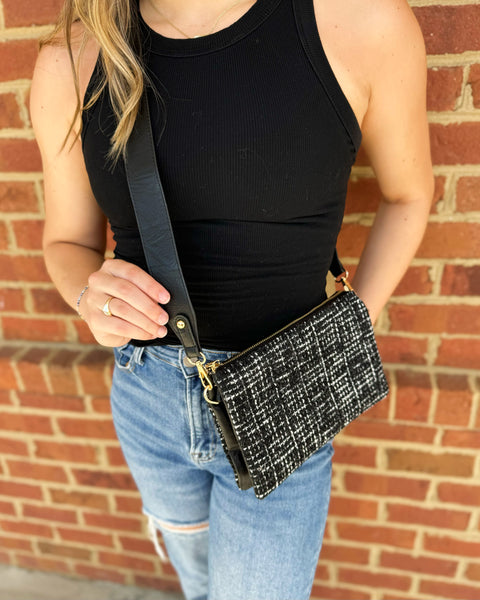 Izzy Crossbody in Black Tweed w/ Guitar Strap