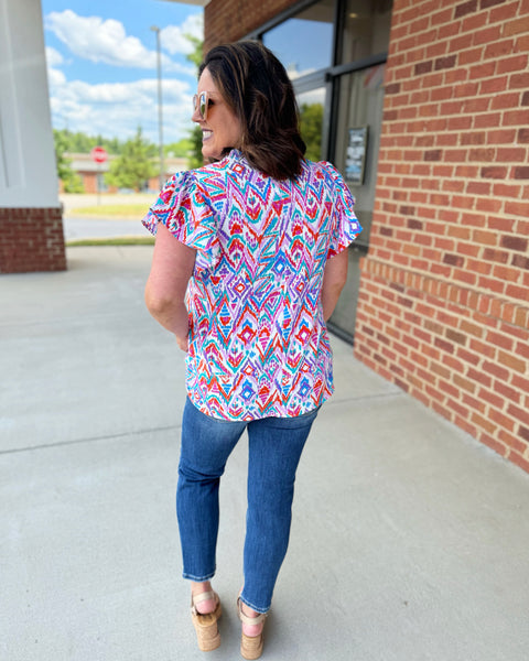 Diana REG/CURVY Boho Blouse in White/Blue FINAL SALE