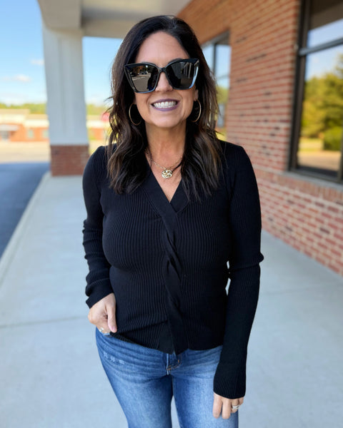 Kari Front Twist Sweater Top in Black