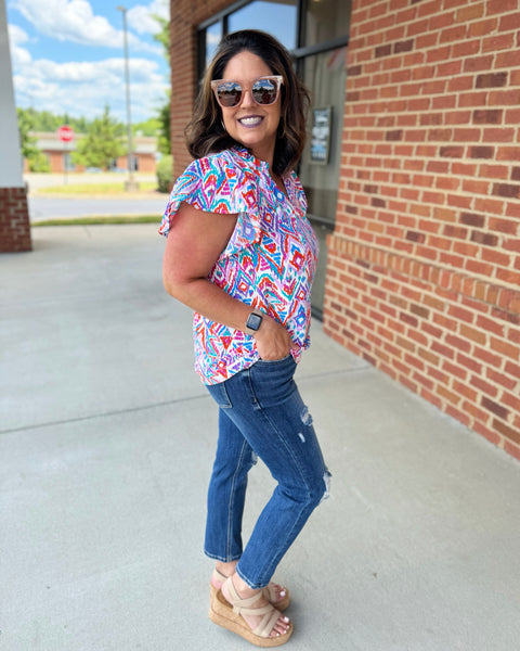 Diana REG/CURVY Boho Blouse in White/Blue FINAL SALE