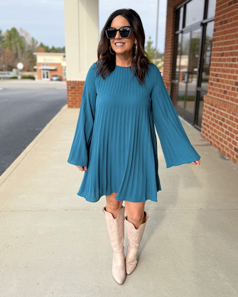 Natalie Pleated Dress in Teal Green FINAL SALE