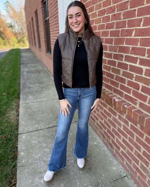 Danielle Faux Leather Puffer Vest in Brown