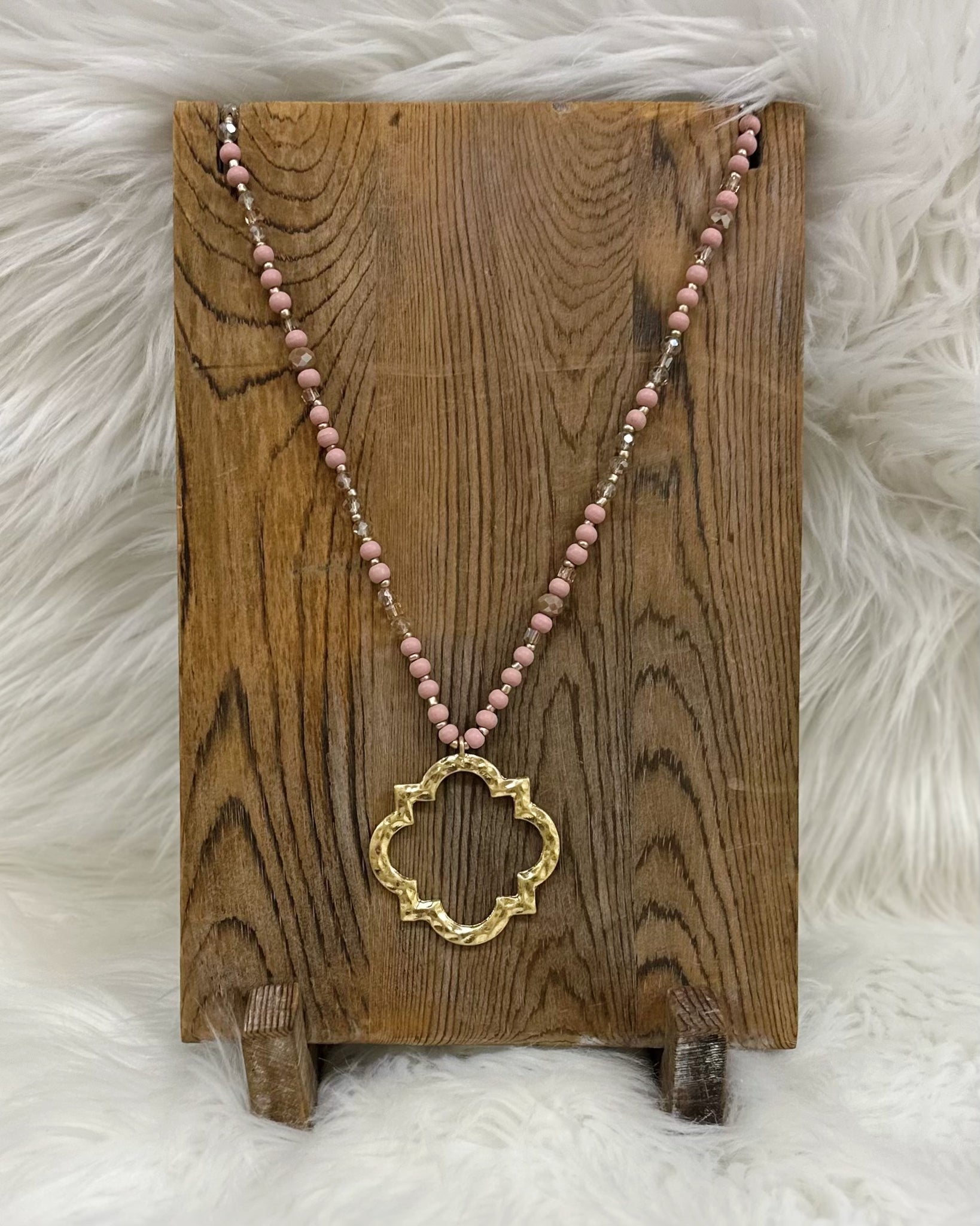 Pink Wood Beaded Long Necklace