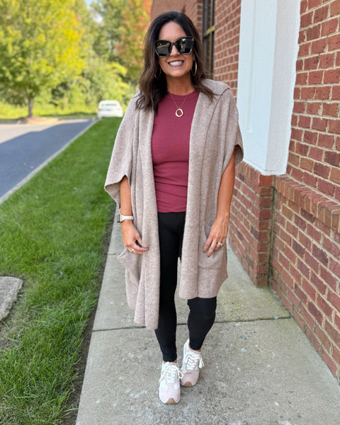 Iris Hooded Sweater Poncho in Taupe