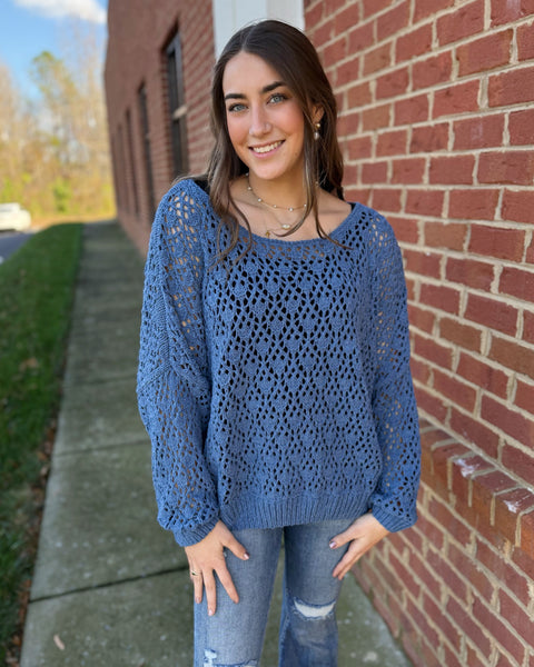 Addison Boat Neck Crochet Sweater in Denim