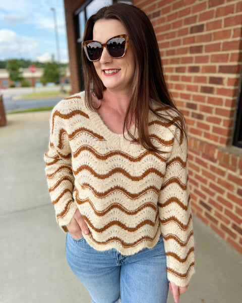 Houston Wavy Stripe Sweater in Oatmeal/Cinnamon