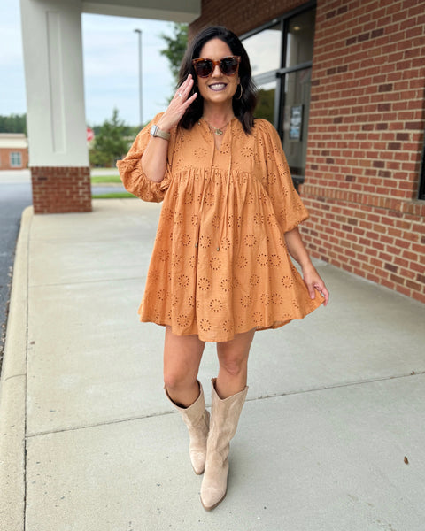 Cindy Eyelet Dress in Camel