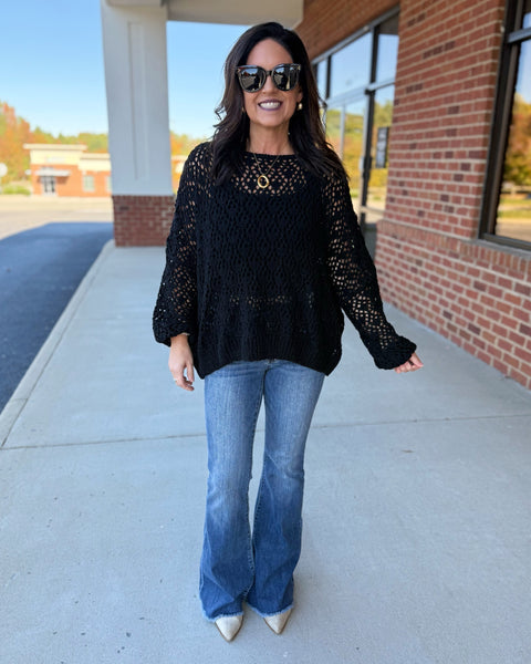 Addison Boat Neck Crochet Sweater in Black