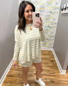 woman wearing taupe stripe loungewear set