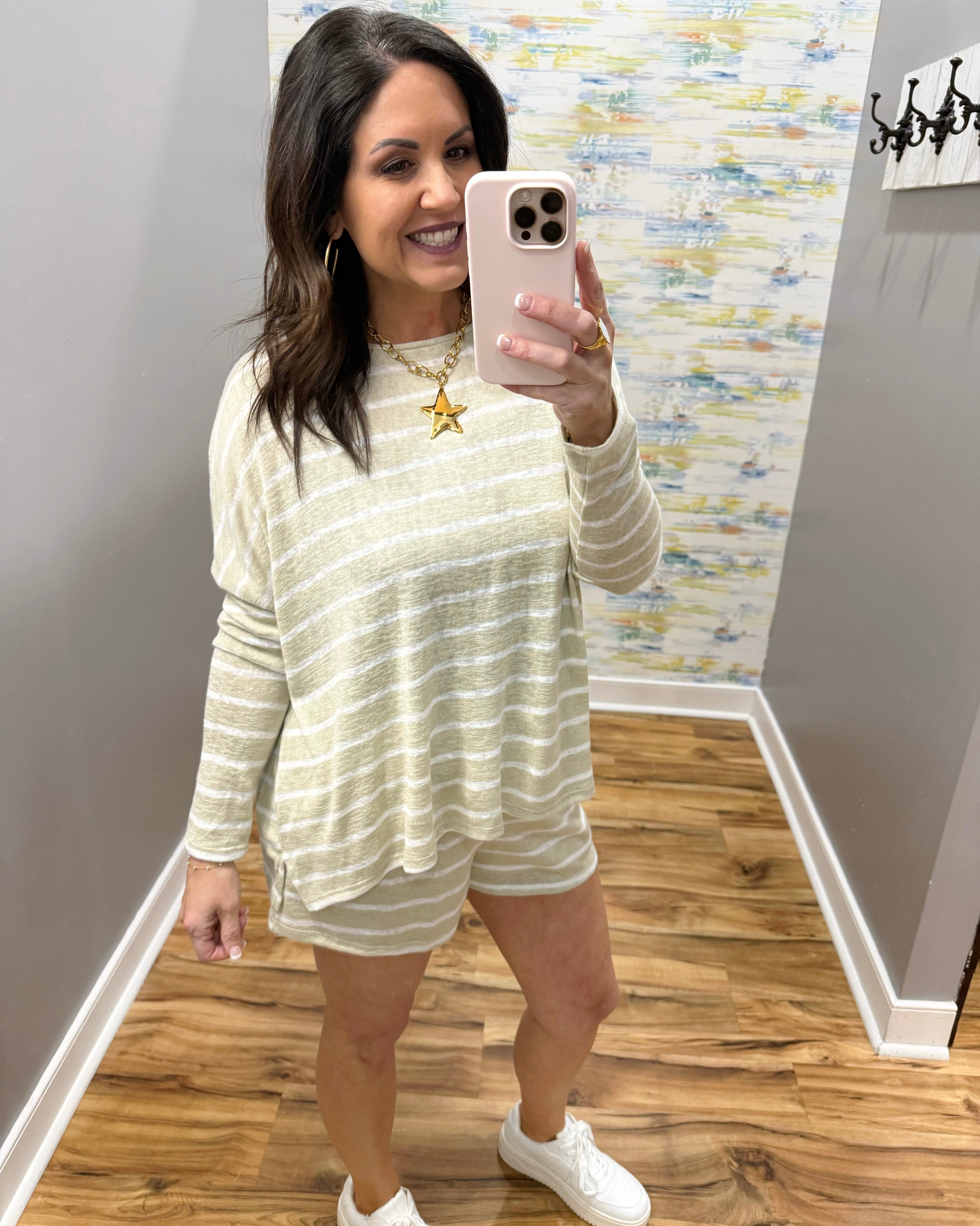woman wearing taupe stripe loungewear set