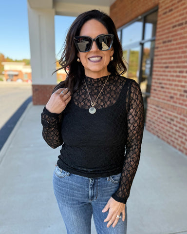 Royce Mock Neck Lace Top in Black