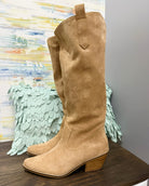 Corkys Sand Faux Suede City Slicker Boots in faux camel suede.