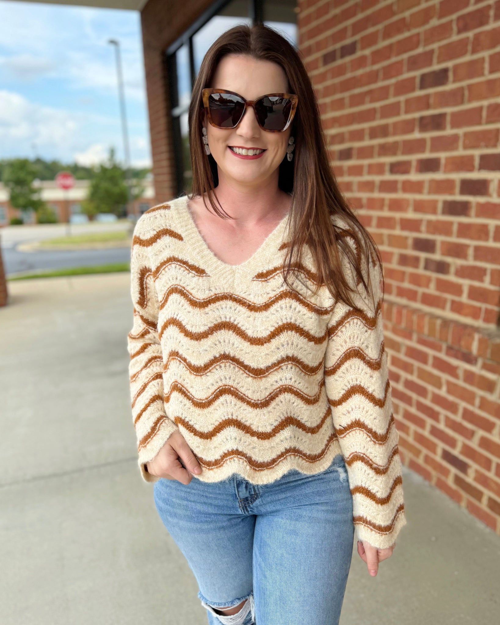 Houston Wavy Stripe Sweater in Oatmeal/Cinnamon